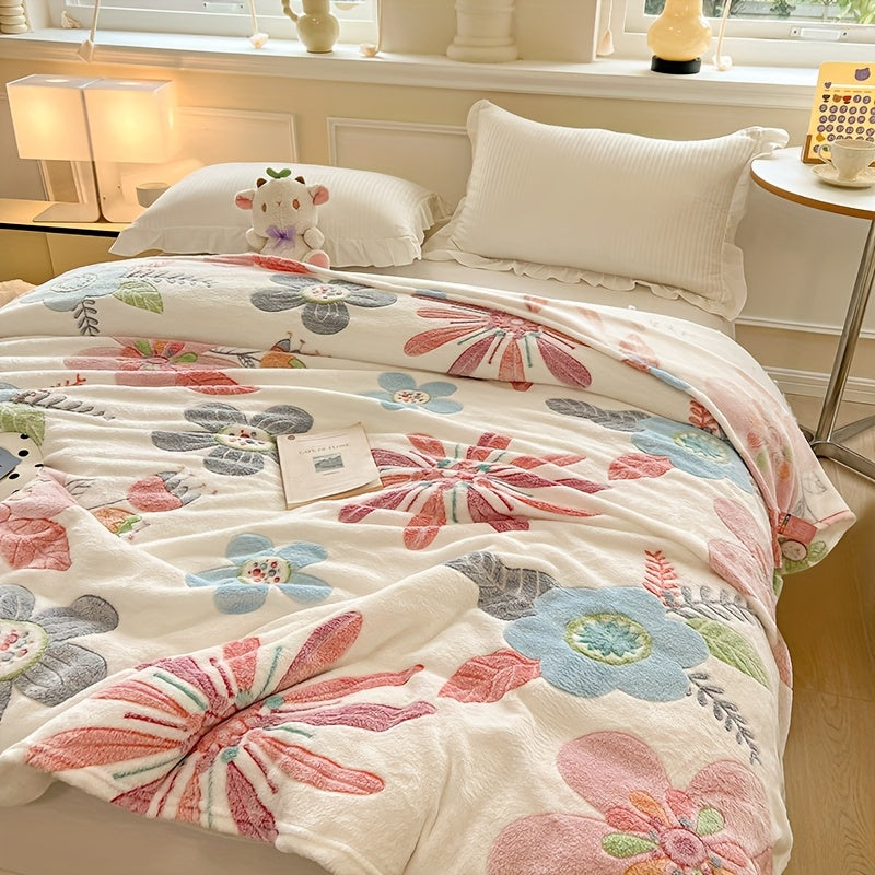 1pc Cozy Floral Quilted Blanket - Lightweight, Luxurious Style, All-Season Polyester Flannel with Vibrant Pink