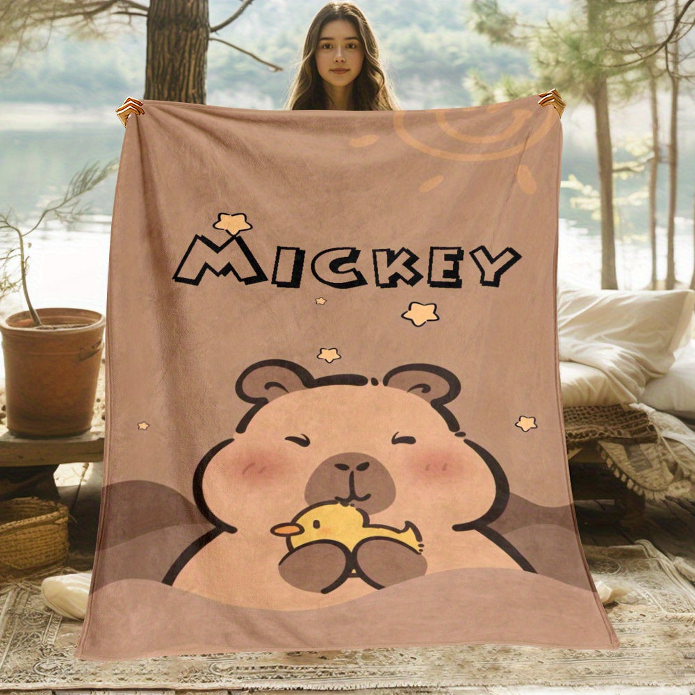 1pc Custom Name Capybara Flannel Throw Blanket - Soft Polyester Fiber, Machine Washable