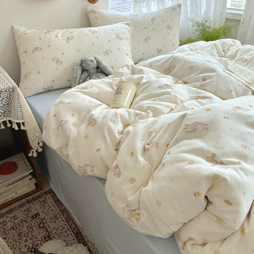 4pcs Jacquard Craft Bedding Set with Cute Rabbit + Dessert Pattern, Soft and Machine Washable