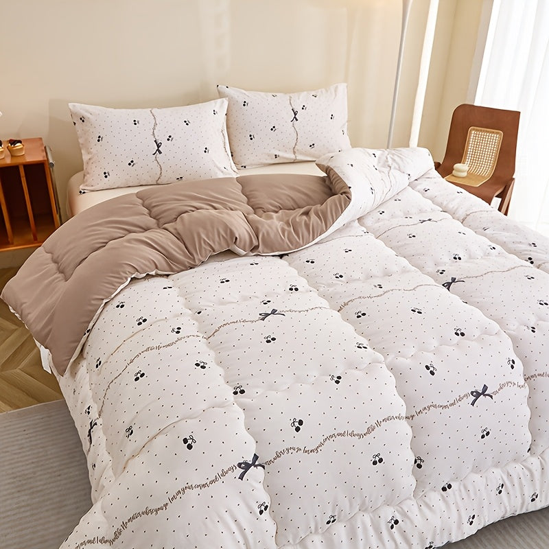 3pcs Black Cherry Floral Print Quilted Bedding Set - Ultra-Soft Polyester