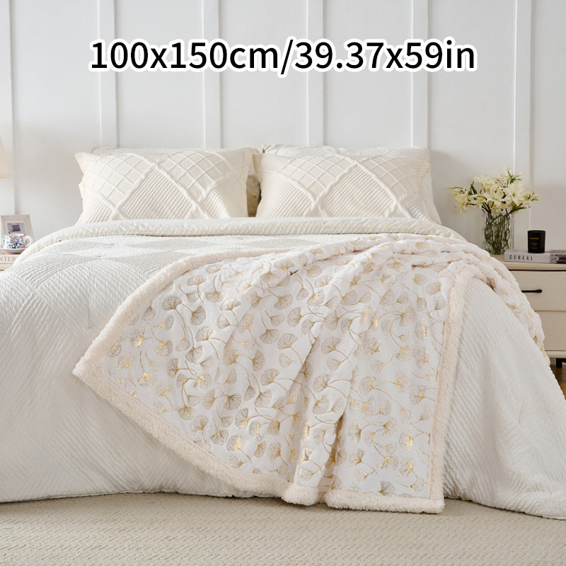 1pc Contemporary Floral Faux Rabbit Fur Blanket - Double-Layer Thickened All-Season Soft Bedspread with Ginkgo Leaf Pattern