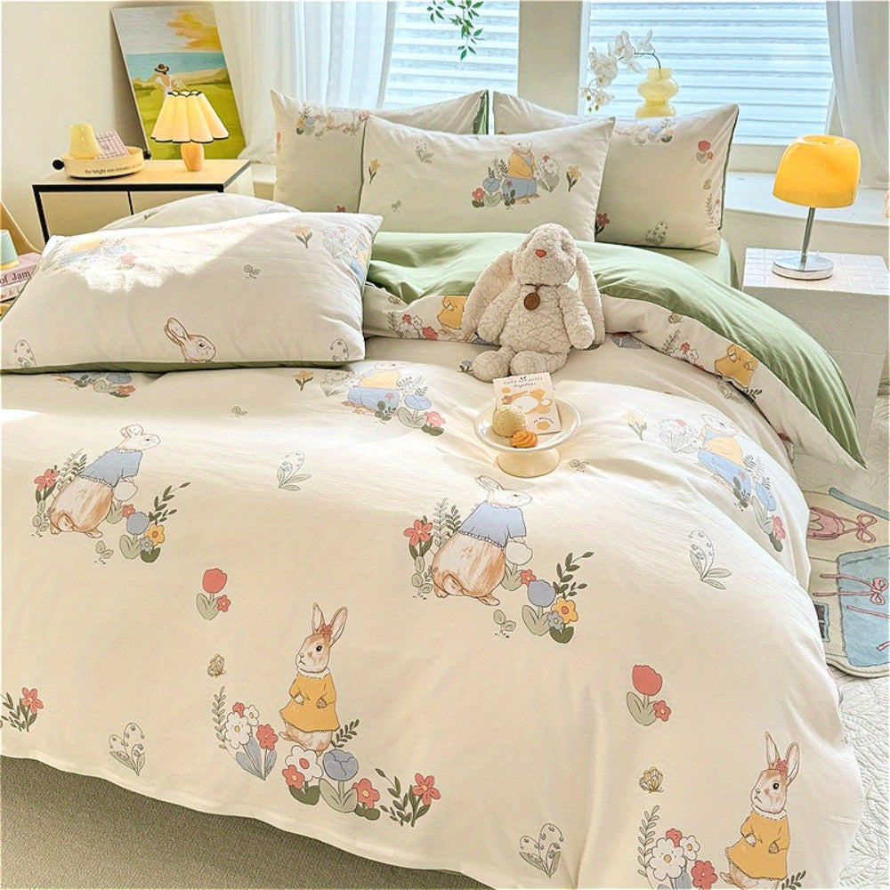 4pcs Bed Sheet Set Red and White Floral + Cute Rabbit Pattern, Fresh & Lovely Style